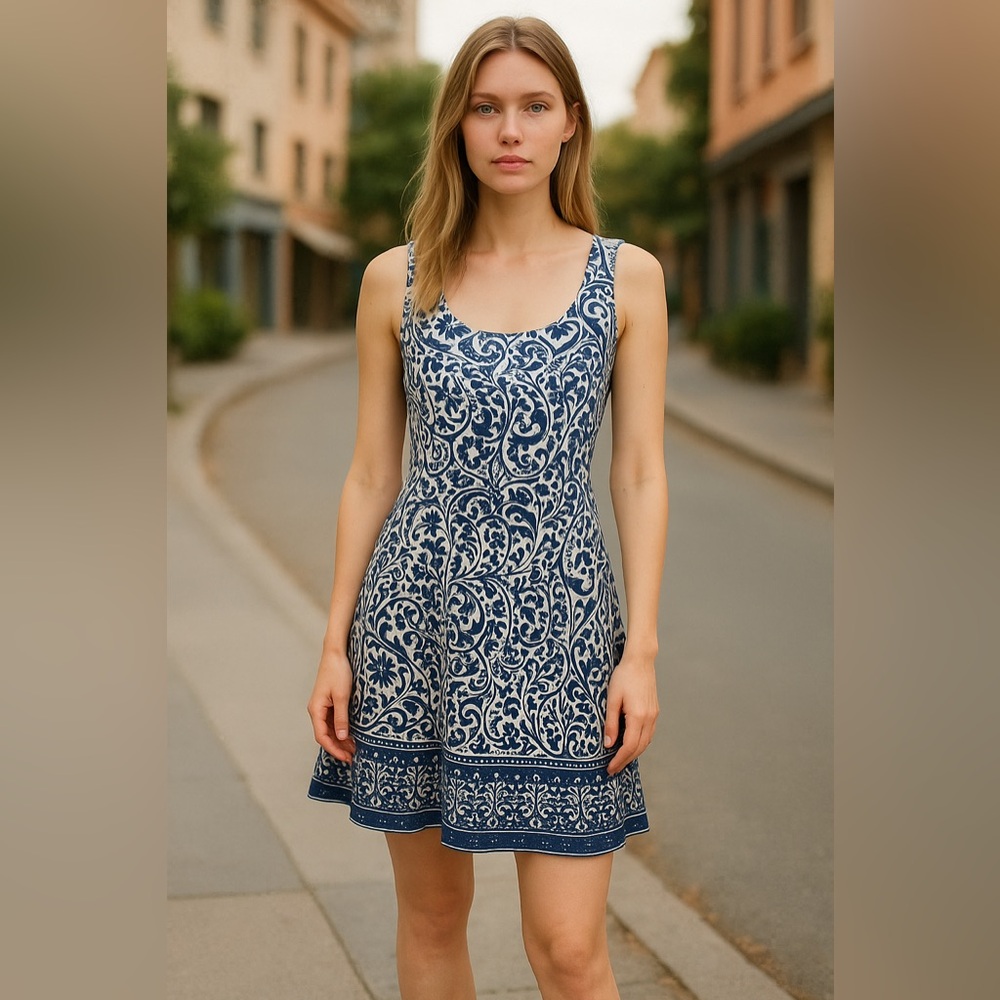 Beautiful Blue & White Floral Fit & Flare Sundress by Nine West Size 6.
